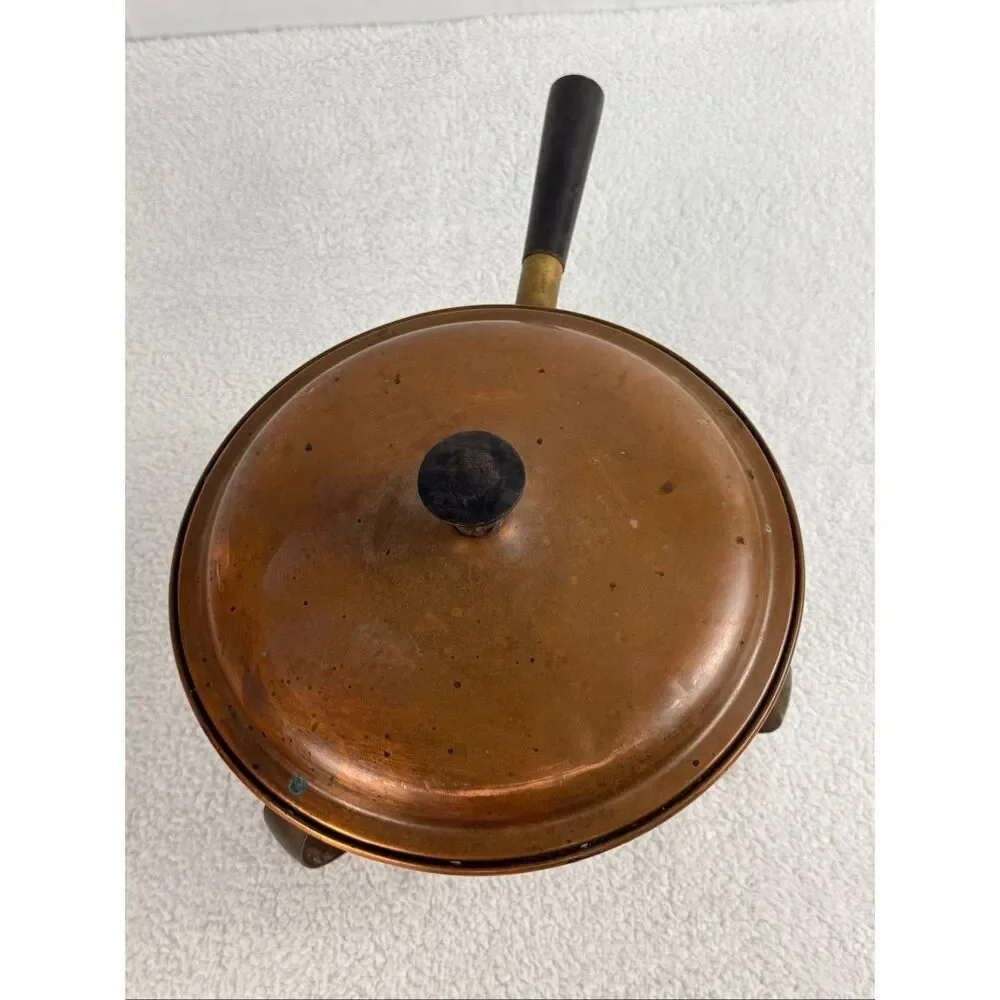 Vintage Copper and Brass Chafing Dish - Metal Stand/Wooden Handle
